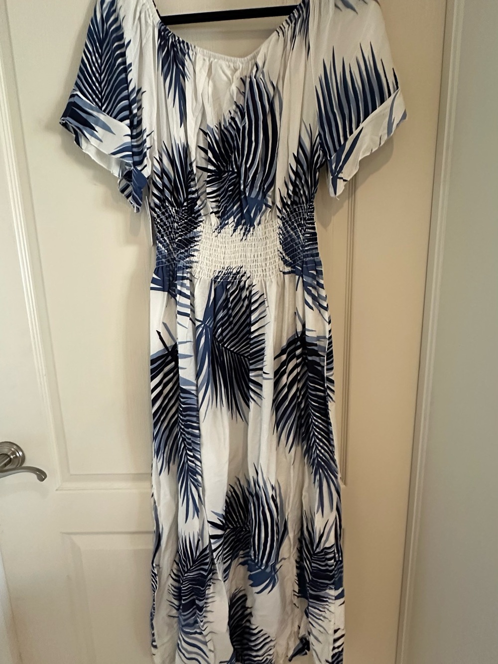Off-Shoulder White Maxi Dress with Blue Palm Print